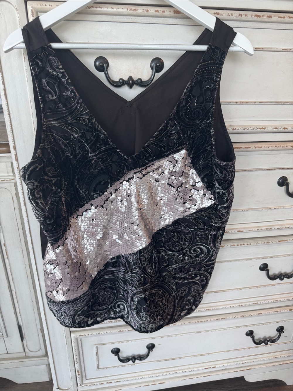 Anthropologie Black Velvet Paisley Sequin Accent Tank